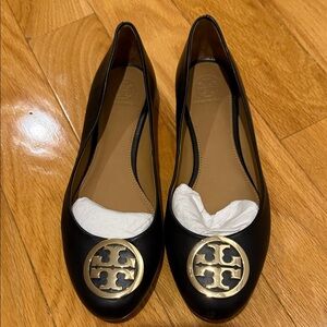 Tory Burch Black Flats with Gold Emblem